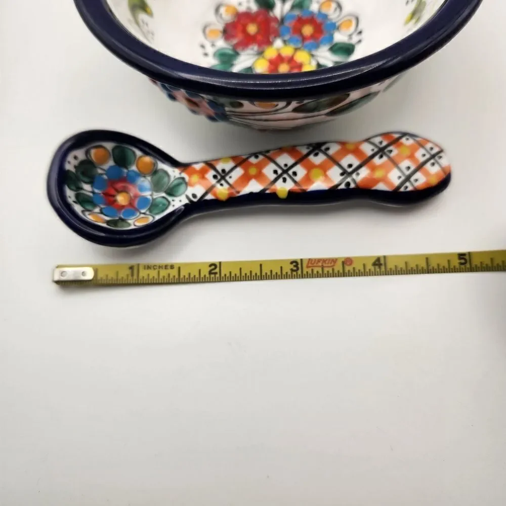 Mexican Pottery Colorful Ceramic Bowl and Spoon Set Hand painted